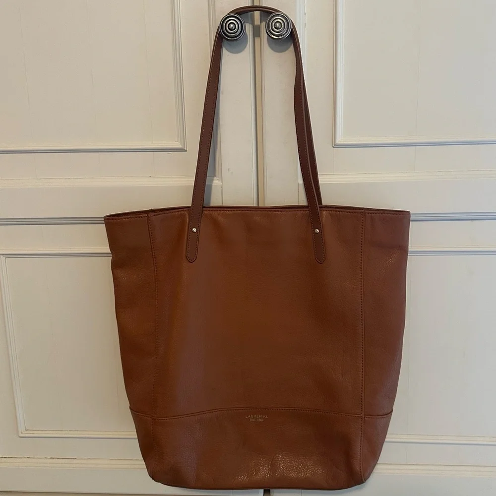Lauren Ralph Lauren Chestnut Pebbled Leather Shoulder Tote Bag - Picture 1 of 15